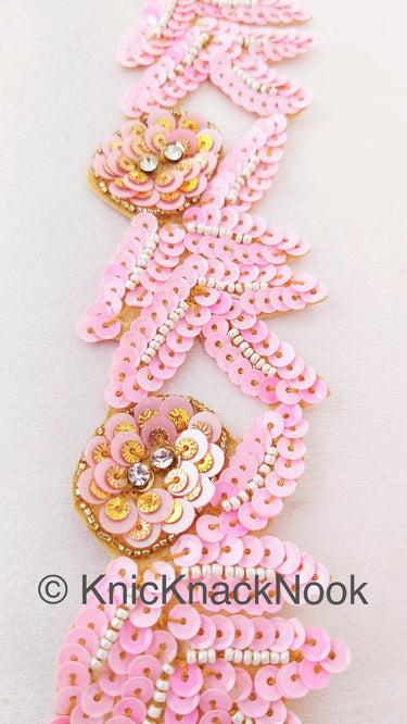 Pink And Gold Sequins Trim With Diamante Beads, Floral Trims, Trimming